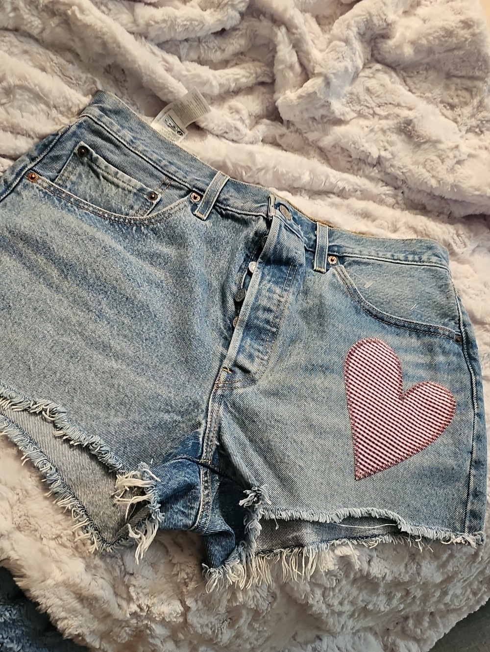 Light Blue Denim Cutoff Shorts with Pink Heart Patch
